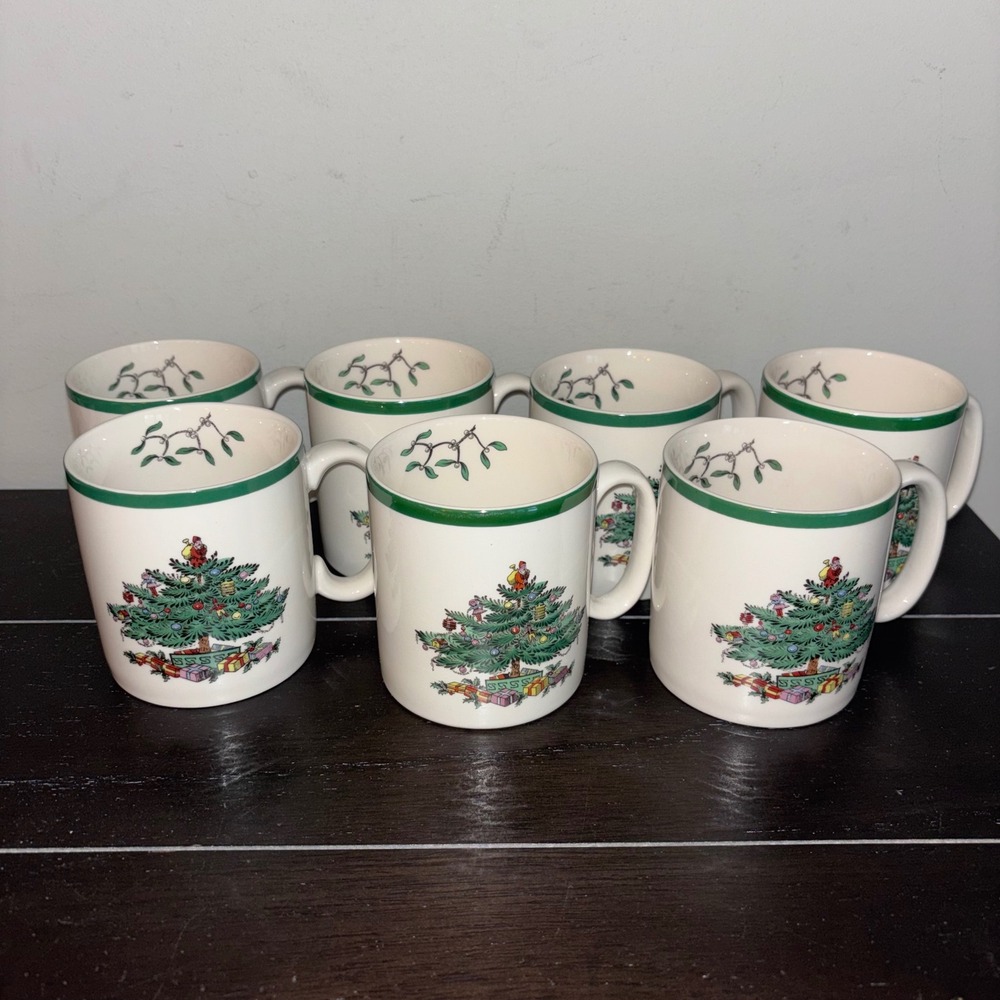 Spode Christmas Tree Mugs‎ | Set of 7 | 3 1970s | Vintage Quilted Storage Case